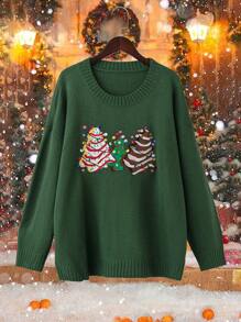 SHEIN LUNE Plus Size Crew Neck Long Sleeve Tree Print Minimalist Sweater Pullover, Casual Daily Wear
