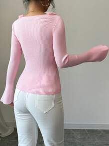 Chiquease 1 件女式 3D 花朵泡泡袖 V 领毛衣，秋季，长袖上衣