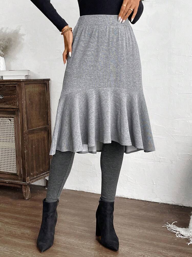 Women's Simple 2 In 1 Ruffled Hem Skort, Casual For Daily Wear Leggings Skirt Winter Women Pants