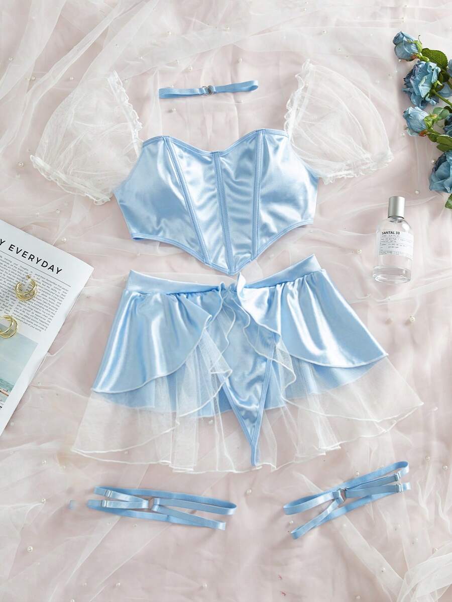 5入組性感乳膠女士內衣扮演套裝，露出腰部設計 - 藍色 - 查看 1