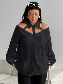 Flirla Plus Size Women Minimalist Style Long Sleeve Blouse, Multifunctional Hollow Fake Collar Top With Button Front And Open Shoulder Design Women Shirt