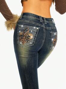 ROMWE J-Fashion Quần Jeans Nữ In Hình Trái Tim Pha Lê Cạp Thấp Phong Cách Harajuku Y2K Màu Tương Phản - Màu xanh lam - Xem 2