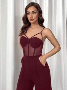 Aloruh Solid Color Mesh Contrast Hollow Out Sling Jumpsuit,Burgundy Nightclub Knitted Jumpsuit,Suitable For Daily Commutes And Summer Dates - Burgundy - View 5