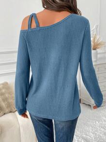 EMERY ROSE Women Casual Asymmetric Collar Spaghetti Strap Lantern Sleeve Waffle Texture Fabric T-Shirt, Elegant And Comfortable For Autumn/Winter