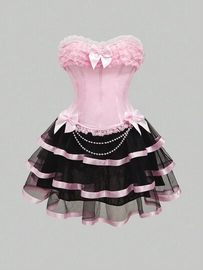 ROMWE Kawaii 复古维多利亚浪漫珍珠蕾丝透明网眼蛋糕连衣裙