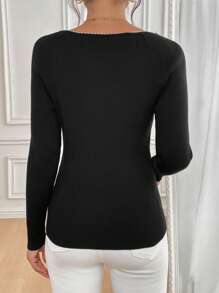 SHEIN Clasi Women Elegant Slim Fit Pearl Trim Long Sleeve Sweater, Autumn - Black - View 2