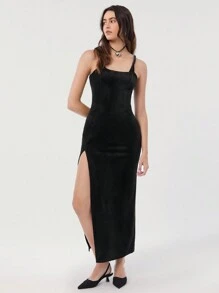 Muchica Black Velvet Bodycon Slit Dress For Women - Black - View 6