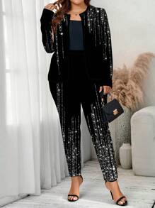 SHEIN Clasi 2 件大码女士休闲水钻装饰套装，适合秋冬季 - 黑色 - 查看 3