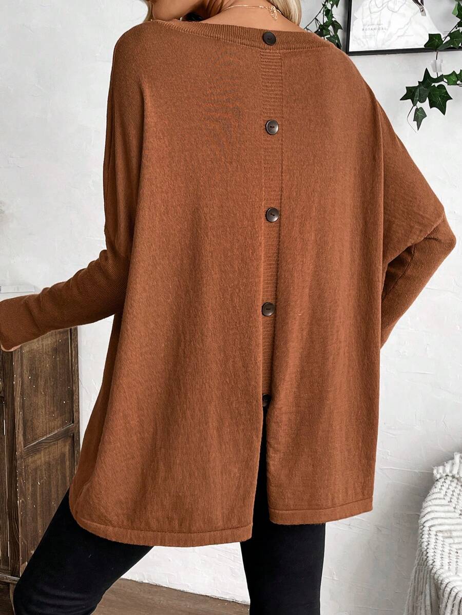 EMERY ROSE 女士休闲纯色蝙蝠袖宽松针织毛衣，秋冬 - 棕色 - 查看 1