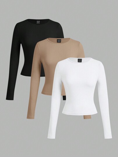 SHEIN EZwear Set de 3 camisetas de manga larga con cuello amplio y ajustadas, en colores negro, blanco y gris, adecuadas para primavera, otoño e invierno