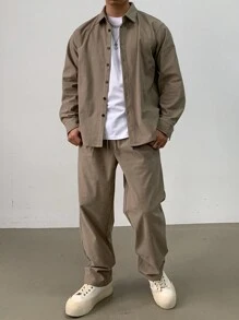 DAZY Men's Casual Solid Color Button-Front Shirt And Pants Set, Autumn - Grey - View 7