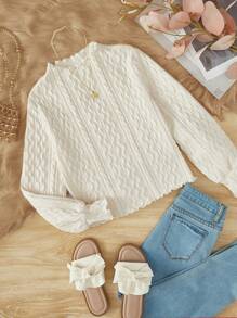 SHEIN LMoss Kids Áo thun cổ tròn viền rau diếp LMoss cho bé gái dễ thương, thanh lịch và cổ điển, ngọt ngào và đáng yêu, ấm áp và thoải mái, tuyệt vời để mặc thường ngày và mặc ở nhà, mặc đi học và mặc ở nhà và mặc trong kỳ nghỉ vào mùa thu và mùa đông, mặc cho gia đình, mặc cho mẹ và bé. - Màu be - Xem 1