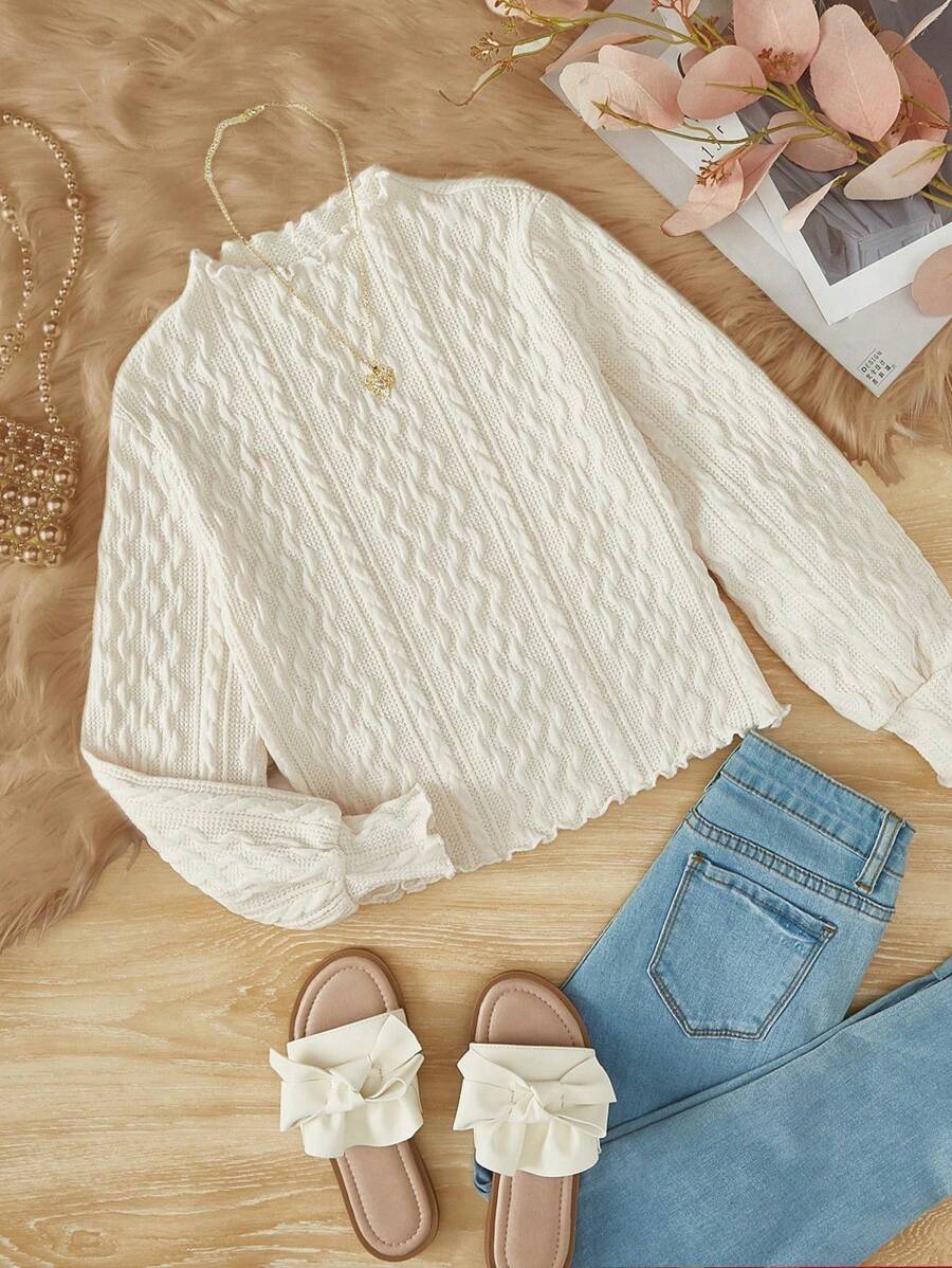 SHEIN LMoss Kids Áo thun cổ tròn viền rau diếp LMoss cho bé gái dễ thương, thanh lịch và cổ điển, ngọt ngào và đáng yêu, ấm áp và thoải mái, tuyệt vời để mặc thường ngày và mặc ở nhà, mặc đi học và mặc ở nhà và mặc trong kỳ nghỉ vào mùa thu và mùa đông, mặc cho gia đình, mặc cho mẹ và bé. - Màu be - Xem 1