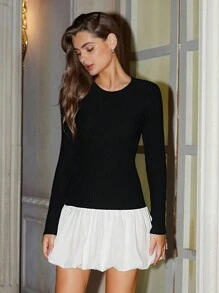 Chiquease Französisches elegantes Mädchen Chic-Vibe Kontrast-Farbiges gestricktes Puffminikleid mit langen Ärmeln und Rundhalsausschnitt - Schwarz - Übersicht 4