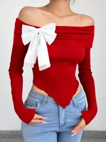 SHEIN Girlism Teen Girl Christmas Red/Date Night/Elegant Quality/Red/Bow Decor/Ribbed Knit/Cropped/Form-Fitting T-Shirt
