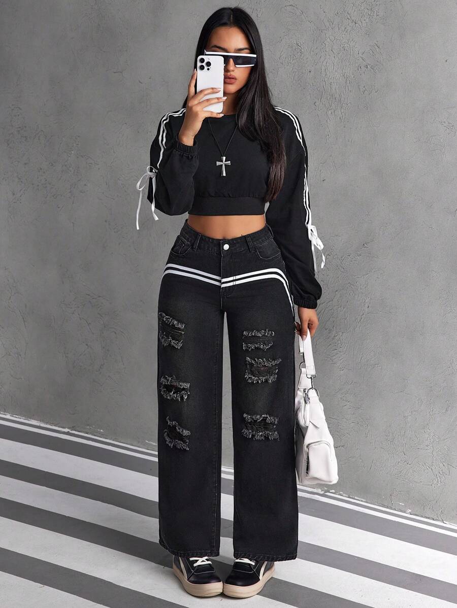 SHEIN EZwear Quần Jeans Ống Rộng Túi Sọc Cho Nữ Kiểu Dáng Thường Ngày Rộng Rãi - màu đen - Xem 1