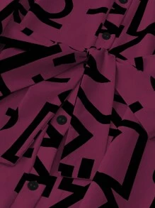 SHEIN LUNE 大尺碼全印花翻領扣袖腰帶連衣裙 - 紫色 - 查看 5