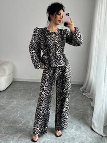 INAWLY 2 件套女士宽松系带蝴蝶结豹纹衬衫和裤子套装 - 彩色 - 查看 7