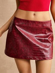 Poéselle Women's Fall Sexy Vintage Leather Red Low Waist Mini Skirt