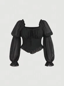 SHEIN MOD 大码复古女式心形领口衬衫，带荷叶边袖子 - 黑色 - 查看 1