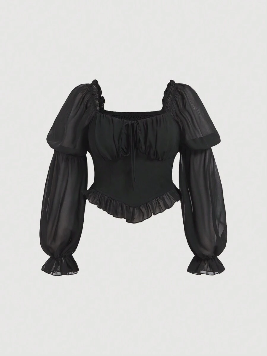 SHEIN MOD 大码复古女式心形领口衬衫，带荷叶边袖子 - 黑色 - 查看 1