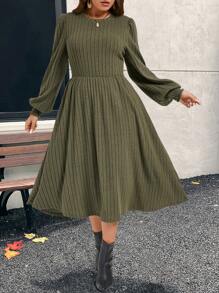 EMERY ROSE Plus Size Casual Solid Color Long Sleeve Knitted Dress, Autumn & Winter Women Dress - Army Green - View 6