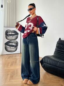 SHEIN EZwear 女士秋冬工装基本款牛仔撞色滚边小喇叭裤 - 藍色 - 查看 7