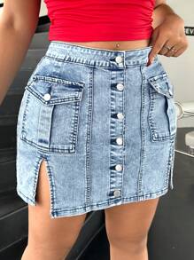 SHEIN ICON Váy mini denim co giãn ôm sát cơ thể gợi cảm cỡ lớn, màu xanh - Rửa nhẹ - Xem 1
