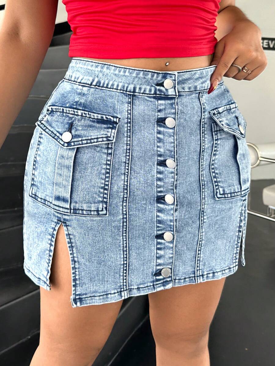 SHEIN ICON Váy mini denim co giãn ôm sát cơ thể gợi cảm cỡ lớn, màu xanh - Rửa nhẹ - Xem 1