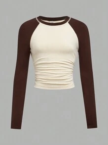 SHEIN Girlism 少女色块拼布针织插肩袖收腰短款休闲长袖 T 恤 - 杏色 - 查看 1