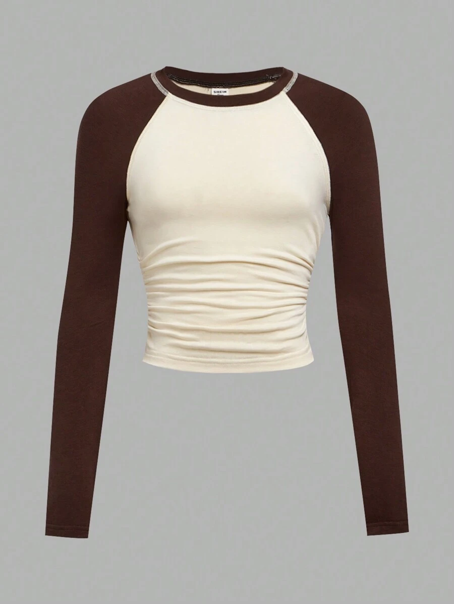 SHEIN Girlism 少女色块拼布针织插肩袖收腰短款休闲长袖 T 恤 - 杏色 - 查看 1