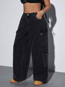 SHEIN ICON Plus Size Front Button Multiple Pockets Casual Denim Jeans, Everyday Wear - Black - View 5