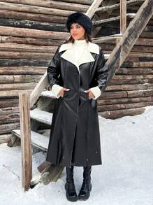 SHEIN EZwear Plus Size Women Winter Long Sleeve PU Leather Casual Extra Long Fur Lining Coat