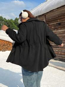 SHEIN EZwear Plus Size Casual Drawstring Waist Soft Air Layer Jacket For Autumn And Winter - Black - View 2