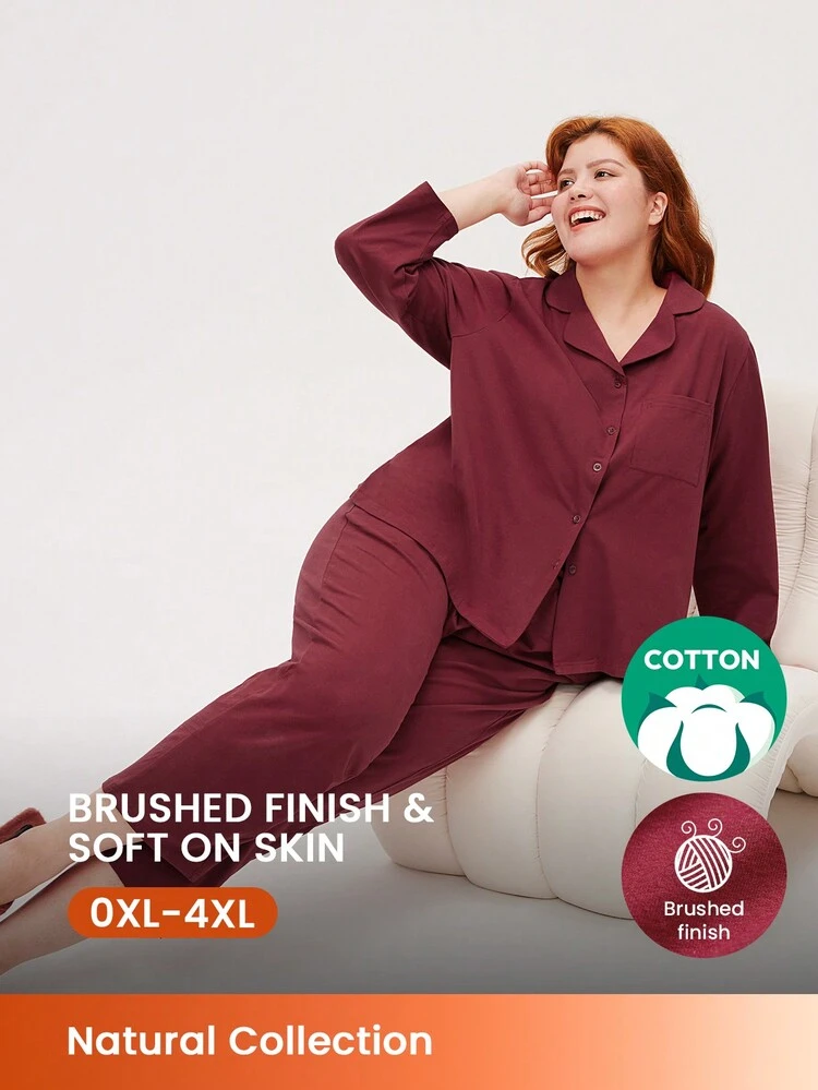 Pyjamas de Noël et du Nouvel An grande taille Rouge et Bordeaux Ensemble de pyjama en coton brossé doux de base Ensemble de détente pour femmes Vêtements de pyjama d'automne