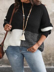 SHEIN LUNE Plus Size Color Patchwork Stand Collar Long Sleeve Pullover Casual Sweater Knit Pullover Fall Winter - Multicolor - View 3