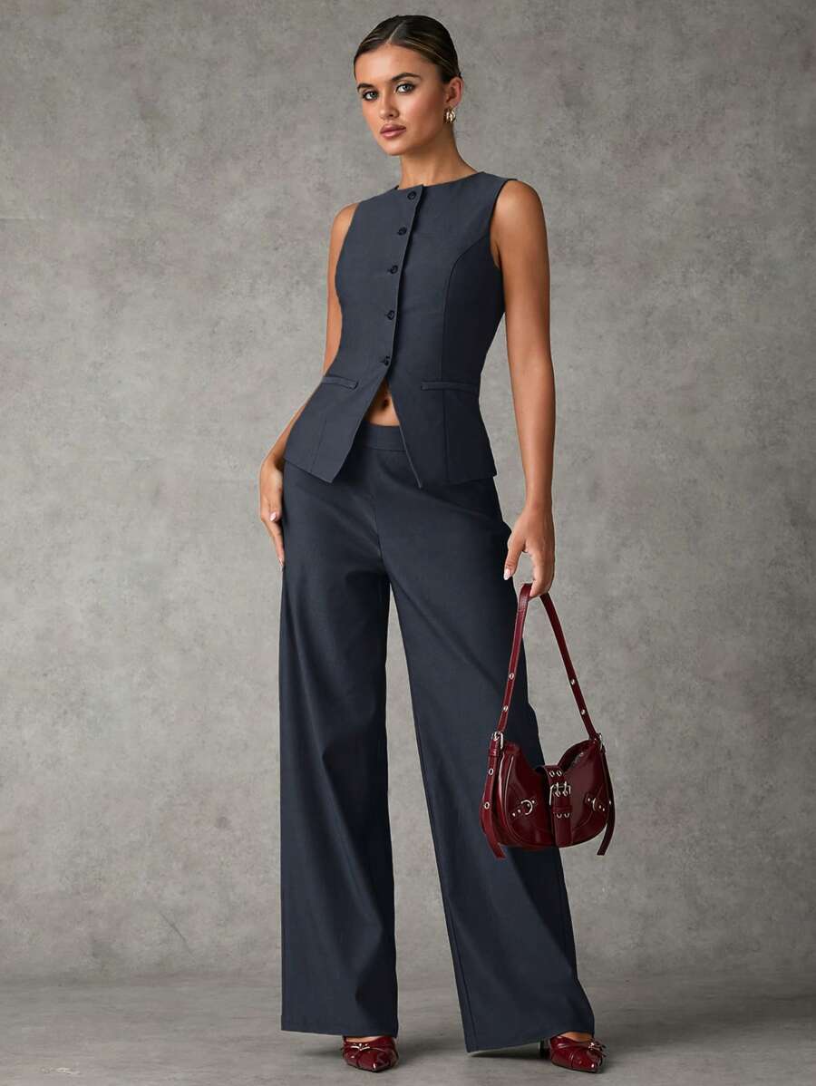 SHEIN BAE Women Summer Solid Color Single Breasted Vest And Pants Daily Commute Suit Outfit Sets Women Fall Sets Winter Women Clothes Suitable For Office Commuting Suit, Office Siren Style - Dark Grey - View 1