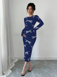 Elenzga Women's Autumn Fashion Leopard Print Long Sleeve Bodycon Sweater Dress Fall Cloth For Women - Blue - View 5