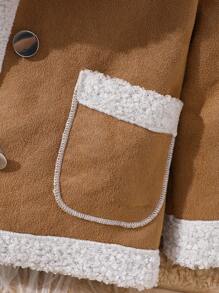 女婴毛绒拼布前扣口袋长袖休闲夹克 - 棕色 - 查看 4