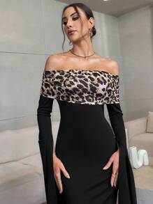 Firerie 1 pieza Vestido elegante de mujer con estampado de leopardo, manga de campana y hombros descubiertos
