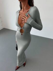 Aloruh Nuevo vestido de suéter largo ceñido con decoración de tirantes cruzados en V profunda, de manga larga y sexy