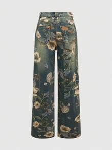 ROMWE Fairycore Denim Vintage de Perna Larga Folgada Lavado com Estampa Floral para Mulheres