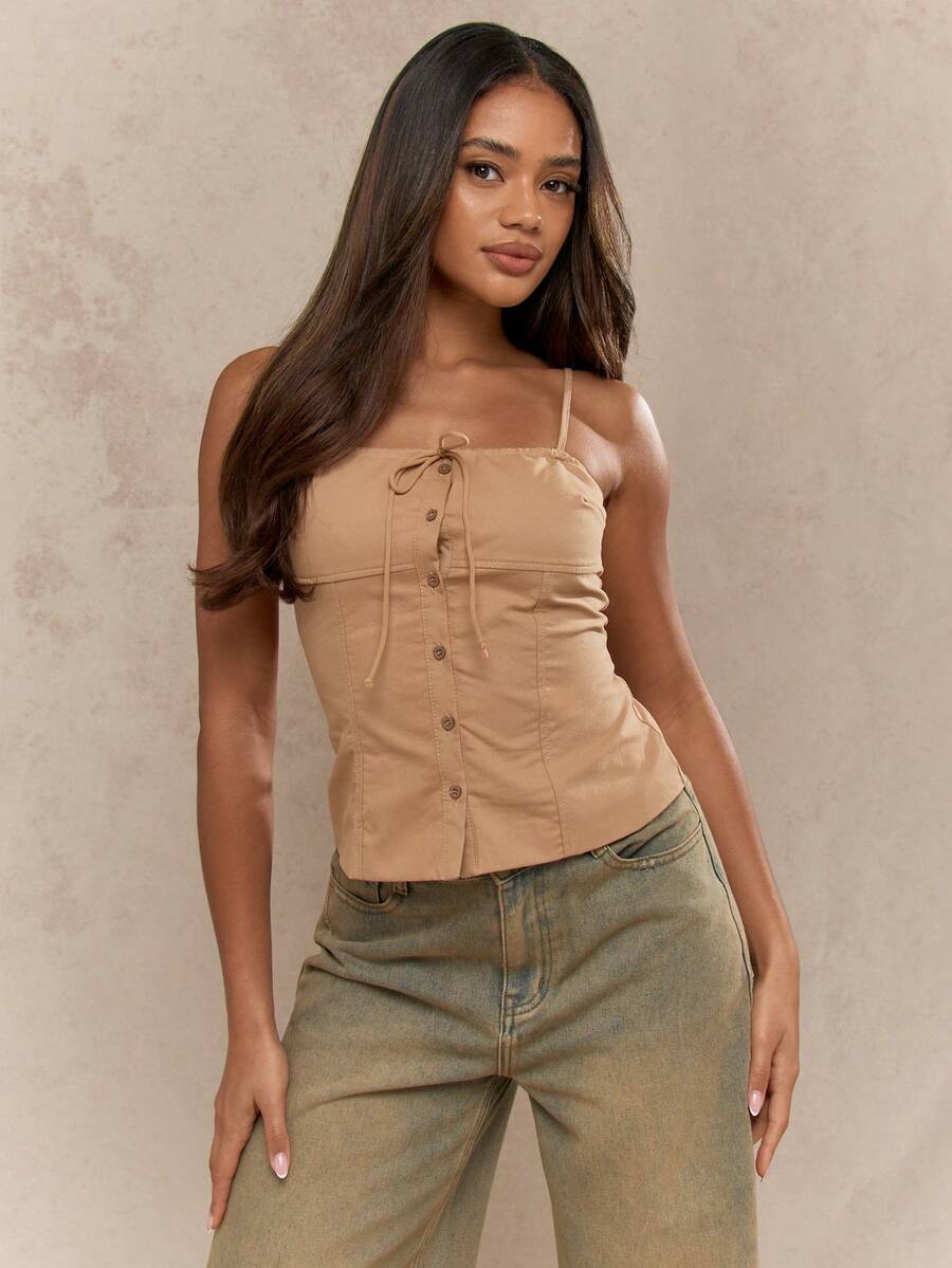 MISSGUIDED Bow Corset Detail Spaghetti Strap Front Open Top - Khaki - View 1