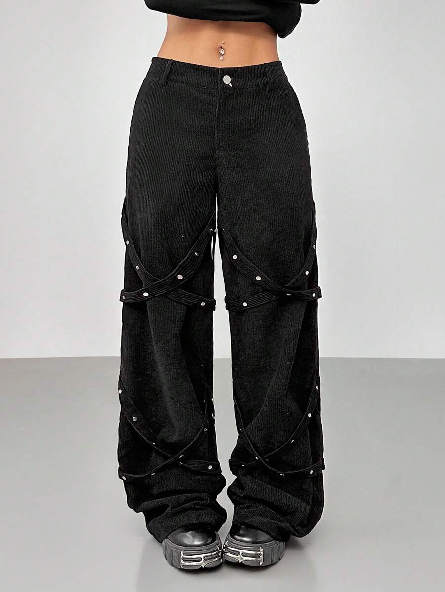 SHEIN ICON Quần nhung kẻ buộc dây trang trí đinh tán dáng rộng cho nữ - màu đen - Xem 1