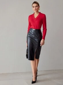 MOTF PREMIUM 纯色 V 领修身 T 恤 - 紅色 - 查看 2