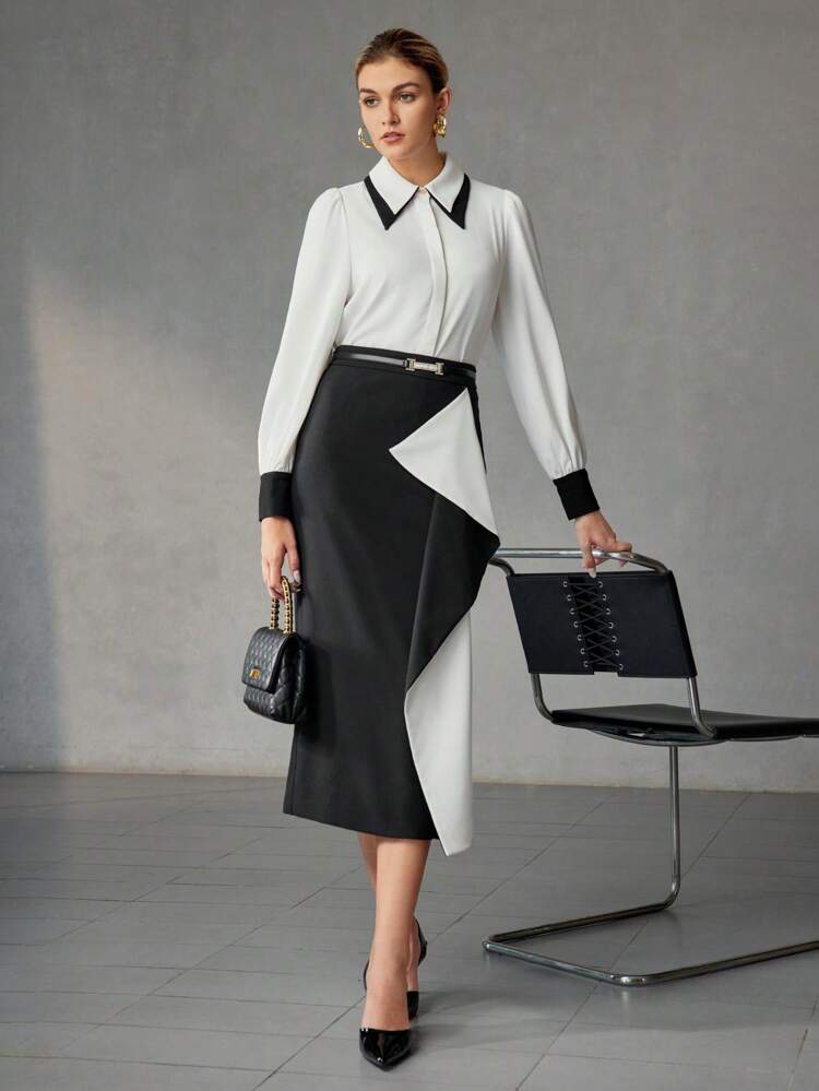 COLORBLOCK RUFFLE TRIM PENCIL SKIRT WITHOUT BELT