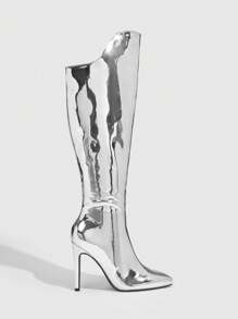 CUCCOO SZL Women's Fashion Silver Mirror Metal PU Pointed Toe High Heel Over-The-Knee Boots, Silver Patent Leather High Heel Straight Boots, T-Stage Show Thin High Heel Boots Halloween Witch Halloween Party Fall For Christmas And New Year Holiday Valentines