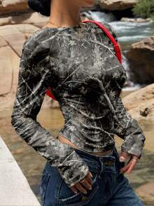 SHEIN EZwear Women's Leaf & Branch Print Backless Long Sleeve Tight Crop T-Shirt, Casual Wear For Spring/Autumn