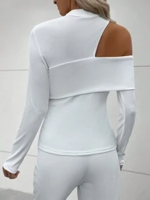SHEIN Clasi Women's Solid Ribbed Knit Stand Collar Hollow Out Long Sleeve T-Shirt - White - View 2