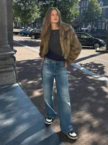 SHEIN EZwear Ladies Winter Front Open Short Fluffy Jacket - Rust Brown - View 5